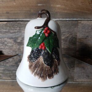 Ceramic Hand Painted Christmas Bell - Pinecones, Holly Leaves & Berries